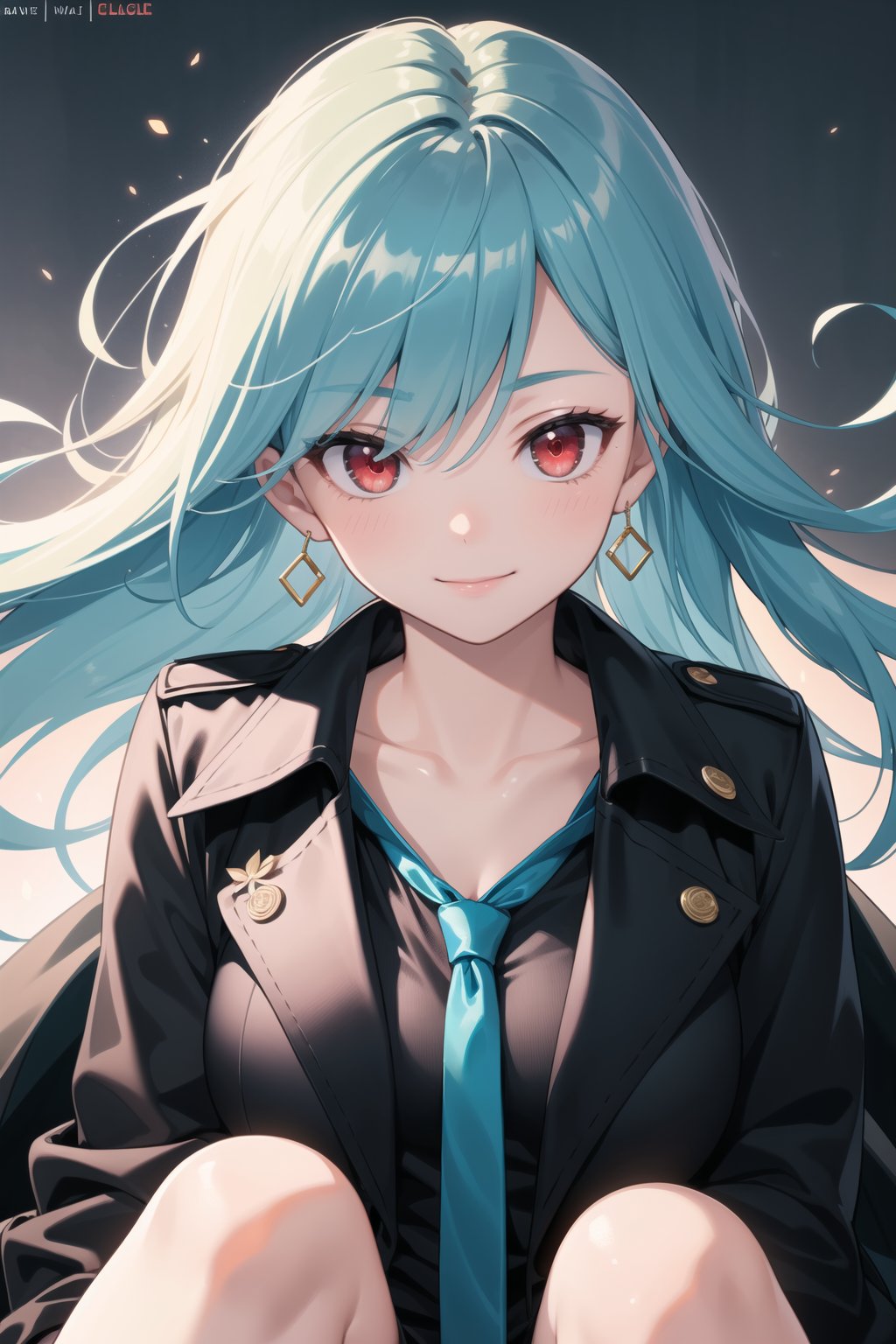 (masterpiece), best quality, high resolution, highly detailed ,detailed background, perfect lighting, realistic, 1girl, body till knees, light smile, hair_over_eye, aqua_hair, black trench coat,black shirt, glow, long tie,crimson red eye,  collarbone, slim, sunbeam, sunlight, rose, wind,ear_rings