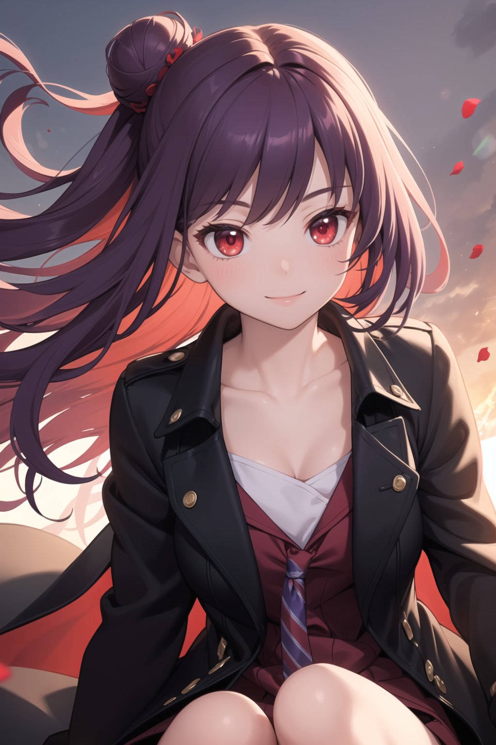 (masterpiece), best quality, high resolution, highly detailed ,detailed background, perfect lighting, realistic, 1girl, body till knees, light smile,red coloured inner hair, full hair bunds,purple hair, black trench coat, glow, long tie,crimson red eye,  collarbone, slim, sunbeam, sunlight, rose, wind,