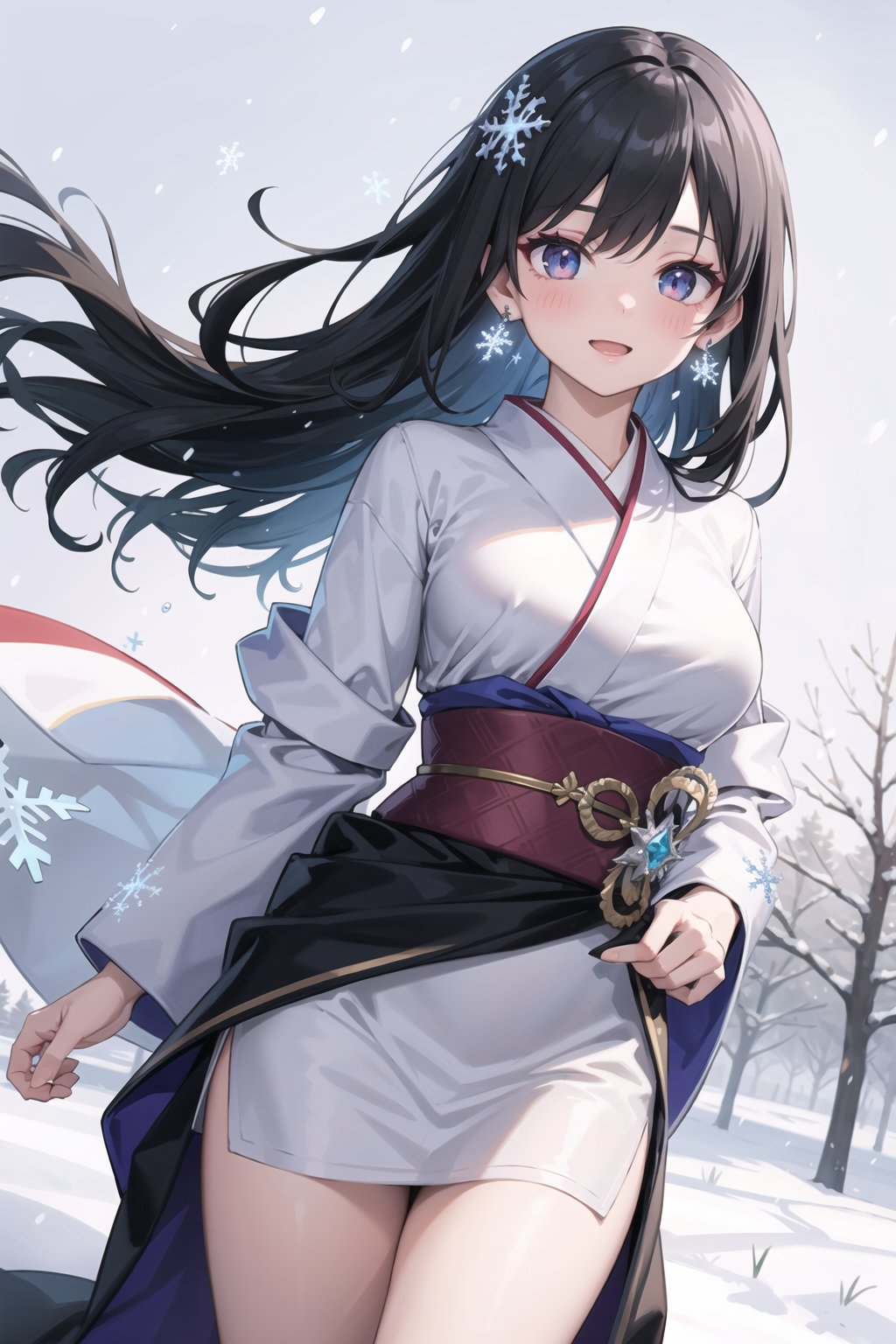 realistic, 1girl, blush, makeup,calm laugh,black hair ,silver coloured inner hair, glow,layered kimono, ruby eyes, standing in snow,frost, snowflake,heavy frosty wind ,snowflake clip,(masterpiece),sidelocks,medium_breasts,designed belt,snowflake ear rings