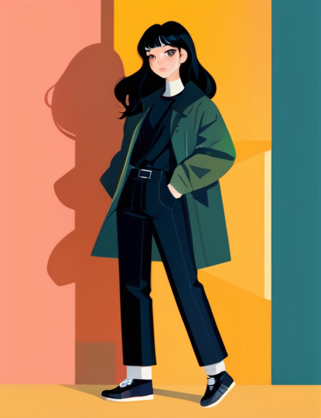 illustration, flat design, 1girl, solo, black hair, long hair, black eyes, standing, long sleeves, looking at viewer, shadow, black pants, shirt, full body, pants, shoes, jacket