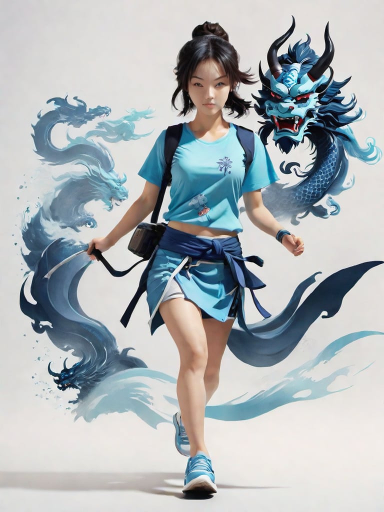 1girl walking, holding blade ,AI_Misaki,3d figure,oni style,tshirt design,chinese ink drawing