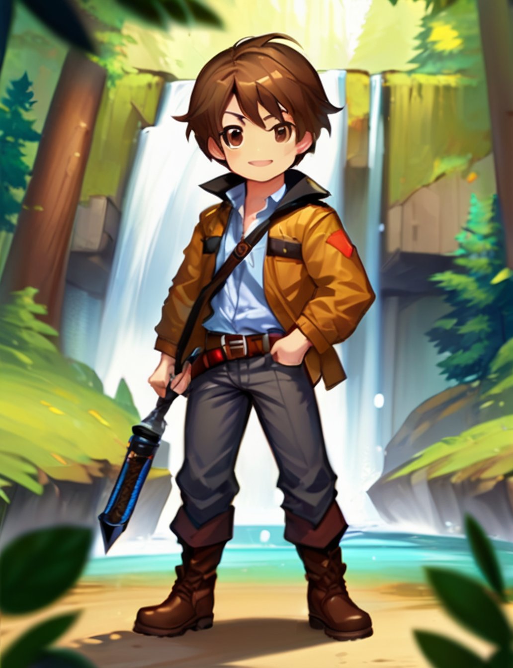 chibi, chibi style, 1boy, male focus, solo, brown eyes, smile, weapon, holding, brown hair, pants, boots, standing, looking at viewer, holding weapon, belt, jacket, full body, closed mouth, short hair, brown footwear, shirt, forest, waterfall