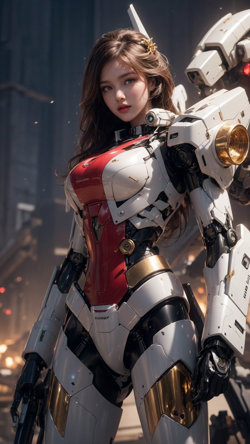 masterpiece, official art, digital illustration, best quality, 1girl, brown hair, long hair, mecha, mechanical girl, blue exosuit, gold accents, mecha suit, mechanical arms, mechanical parts, beautiful eyes, (delicate face), perfect detail, perfect feet, cinematic lighting, dark studio, dark studio