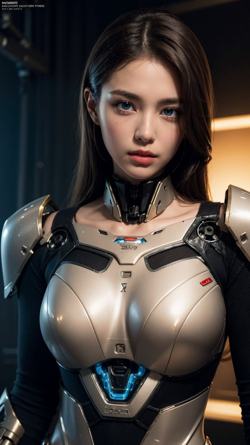 masterpiece, official art, digital illustration, best quality, 1girl, brown hair, long hair, mecha, mechanical girl, blue exosuit, gold accents, mecha suit, mechanical arms, mechanical parts, beautiful eyes, (delicate face), perfect detail, perfect feet, cinematic lighting, dark studio, dark studio