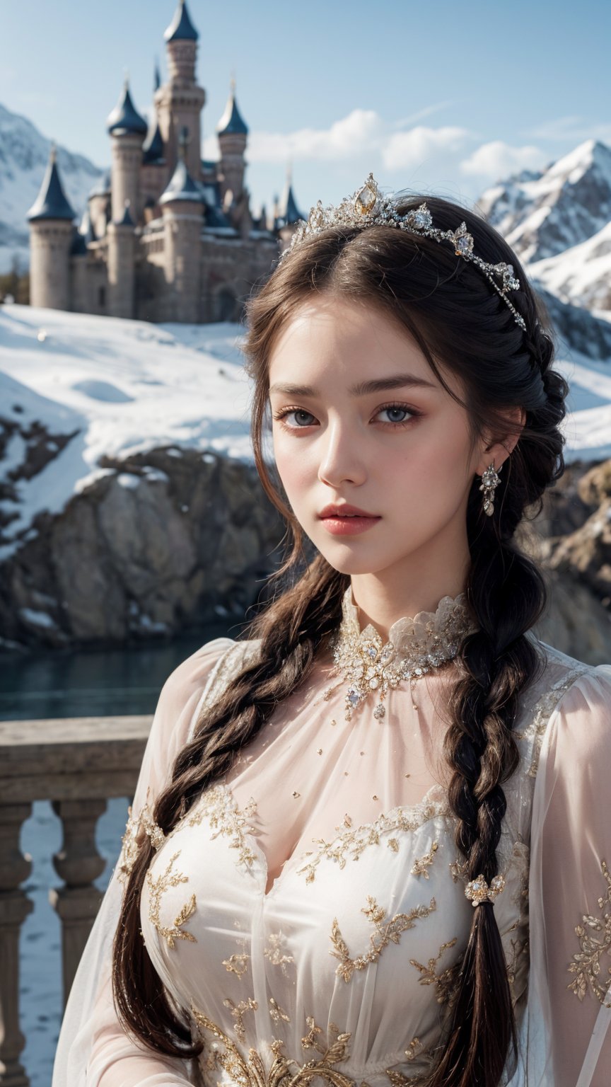 A stunning portrait of Princess Elena, inspired by Russian folklore and fairytales, with long flowing braid adorned with pearls and jewels, intricate details in her traditional dress, realistic painting style reminiscent of John Singer Sargent's portraits. The background features a majestic castle and snow-capped mountains, adding to the fairytale atmosphere. This piece is a collaboration between artists Paul Cézanne and Jan van Eyck, combining their unique styles to create a lifelike and breathtaking image.