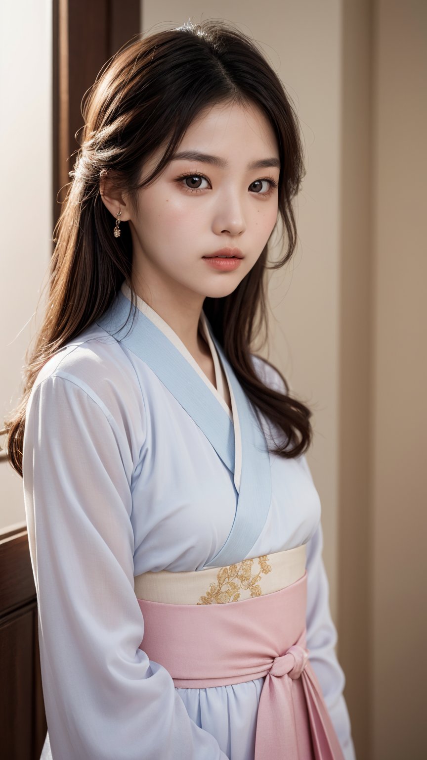 A 20-year-old Korean young lady in a traditional, elegant Hanbok, showcasing a more natural and realistic appearance. The Hanbok is in tasteful pastel colors, enhancing her subtle beauty. This image aims to capture a high level of realism, akin to a photograph taken with a Hasselblad camera. It includes fine details such as distinct pores on her forehead and cheeks, a small scar on her chin from a childhood accident, and a slightly asymmetrical mouth and eyes. The overall look should be a harmonious blend of cultural elegance and realistic, individual characteristics."