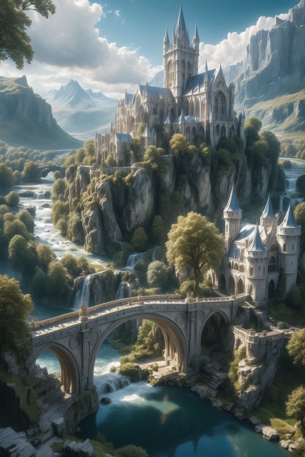 //quality, (masterpiece:1.4), (detailed), ((,best quality,)),//outdoors, sky, day, cloud, water, tree, no humans, scenery, bridge, river, elven marble castle, 2 castles joined by bridges,fantasy world,cliff, mountain, magical city,cathedral, tower, landscape, lake, white trees,aerial view 