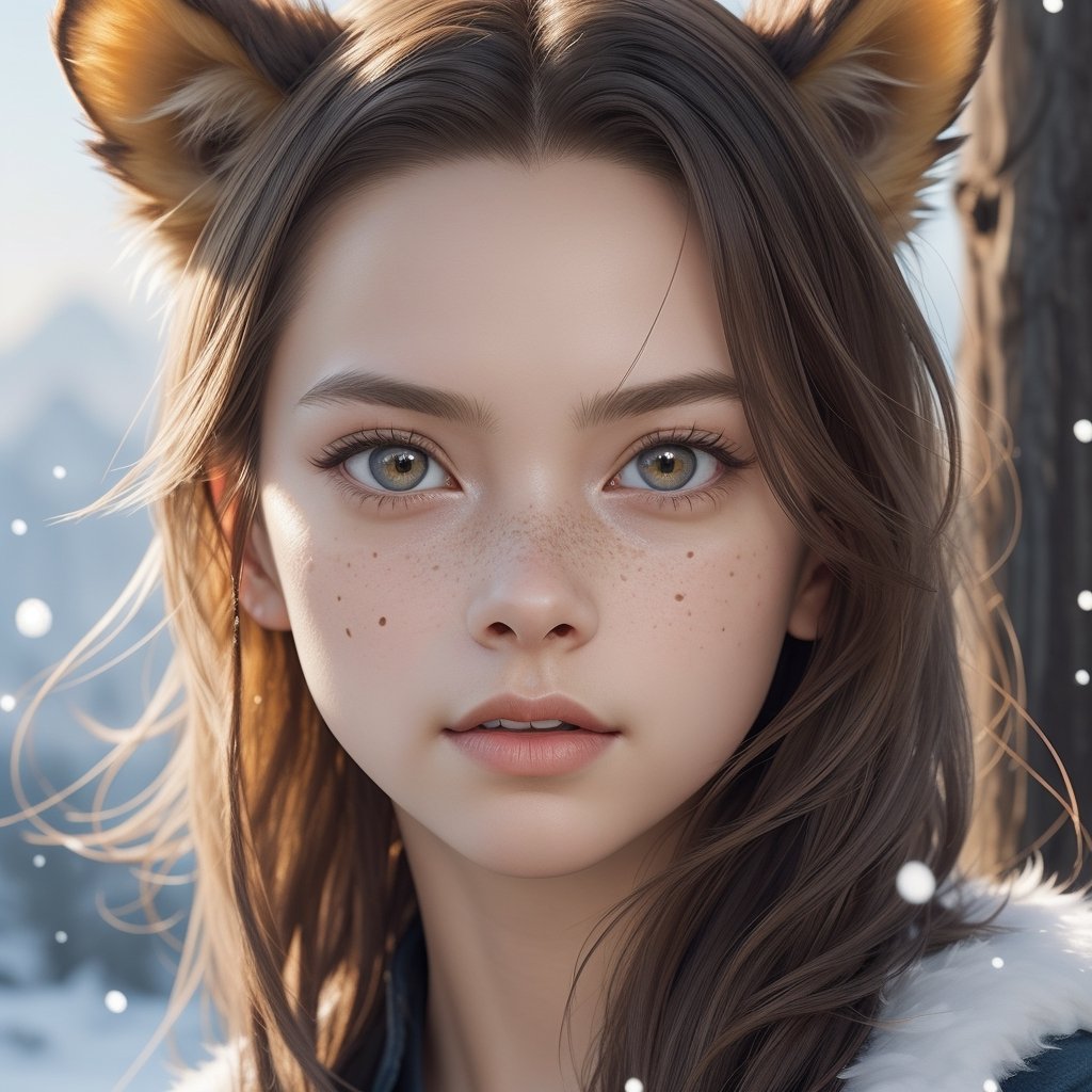 High Detail, Ashen, anthropomorphic human female,  japanese,   pixar style close-up of lion native lioness woman, wild hair, freckles, fur skin, lion eyes, lion ears,, snow background, art for best selling award, winning young adult fantasy novel, intricate, elegant, well composed, highly detailed, by Chengwei Pan, Viktoria Gavrilenko, M4d L10n, Trending on Playground