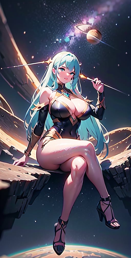 close-up,, zoom in to giantess, full body, beautiful face, close-up, full body, beautiful face, beautiful eyes, beautiful body, Gigantic giantess Beautiful goddess sitting on the surface of titan moon,  planet saturn covers the sky in the background, large view, colony, methane lakes, ice, landscape, dawn, dramatic lights, trending on artstation, sharp focus, studio photo, intricate details, highly detailed, by greg rutkowski, GTSPlanet, GTSSpace, Rampage, 