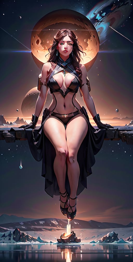 close-up,, zoom in to giantess, full body, beautiful face, close-up, full body, beautiful face, beautiful eyes, beautiful body, symmetrical breasts, Gigantic giantess Beautiful goddess sitting on the surface of titan moon,  planet saturn covers the sky in the background, large view, colony, methane lakes, ice, landscape, dawn, dramatic lights, trending on artstation, sharp focus, studio photo, intricate details, highly detailed, by greg rutkowski, GTSPlanet, GTSSpace, Rampage, 