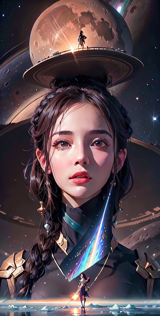 close-up,, zoom in to giantess, full body, beautiful face, close-up, full body, beautiful face, beautiful eyes, beautiful body, Gigantic giantess Beautiful goddess sitting on the surface of titan moon,  planet saturn covers the sky in the background, large view, colony, methane lakes, ice, landscape, dawn, dramatic lights, trending on artstation, sharp focus, studio photo, intricate details, highly detailed, by greg rutkowski, GTSPlanet, GTSSpace, Rampage, 