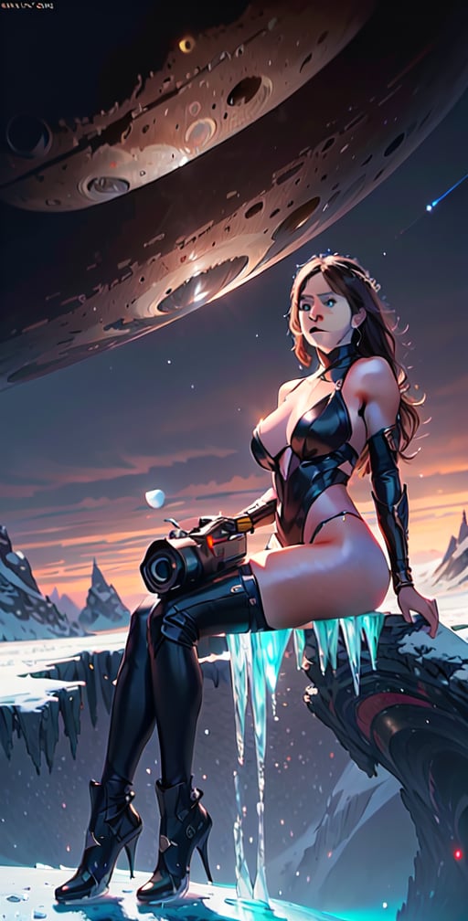 close-up,, zoom in to giantess, full body, beautiful face, close-up, full body, beautiful face, beautiful eyes, beautiful body, Gigantic giantess Beautiful goddess sitting on the surface of titan moon,  planet saturn covers the sky in the background, large view, colony, methane lakes, ice, landscape, dawn, dramatic lights, trending on artstation, sharp focus, studio photo, intricate details, highly detailed, by greg rutkowski, GTSPlanet, GTSSpace, Rampage, 