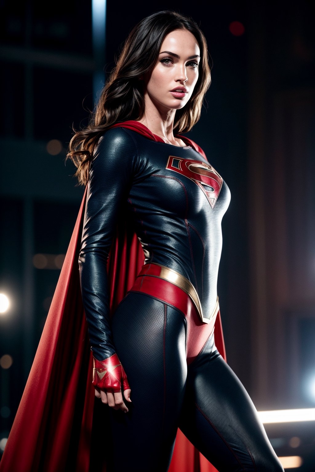 supergirl, costume, hero, skirt, cape red, (RAW Photo, cg unity, photography, ultra realistic details, sharp focus, detailed skin,4k, high-res, masterpiece, best quality:1.1), (realistic, photo-realistic:1.37) (8k,4k, UHD, high resolution, professional, cinematic, movie, dramatic, noise), (detailed background:1.25), bokeh anamorphic depth of field blur background, megan fox