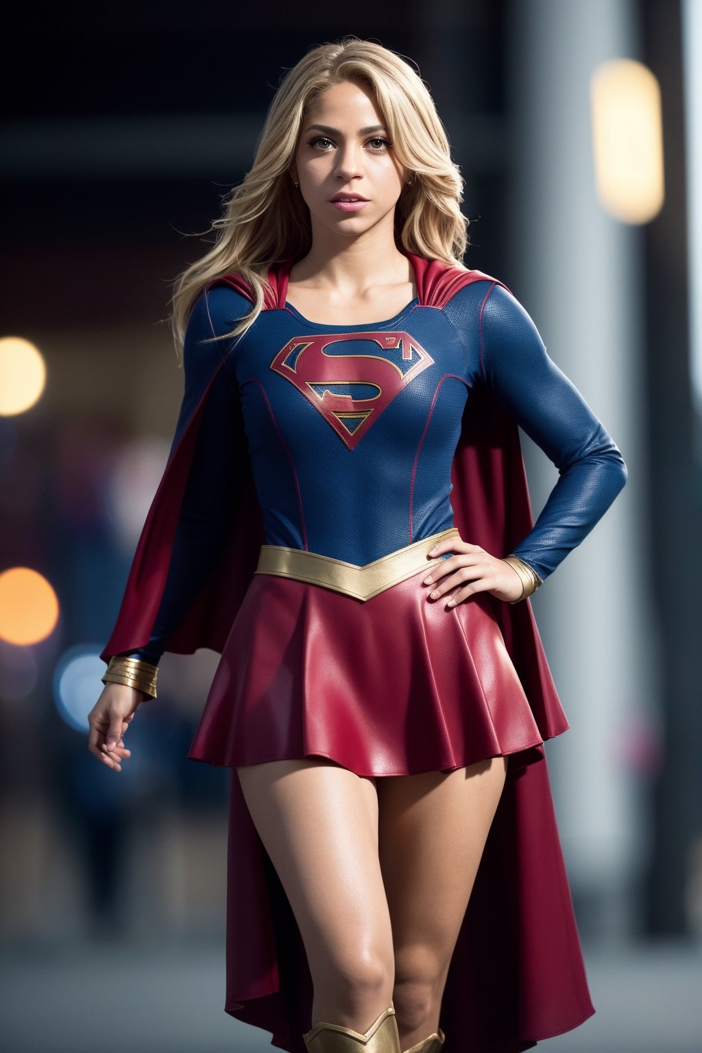 supergirl, costume, hero, skirt, cape red, hair blonde (RAW Photo, cg unity, photography, ultra realistic details, sharp focus, detailed skin,4k, high-res, masterpiece, best quality:1.1), (realistic, photo-realistic:1.37) (8k,4k, UHD, high resolution, professional, cinematic, movie, dramatic, noise), (detailed background:1.25), bokeh anamorphic depth of field blur background,Shakira 