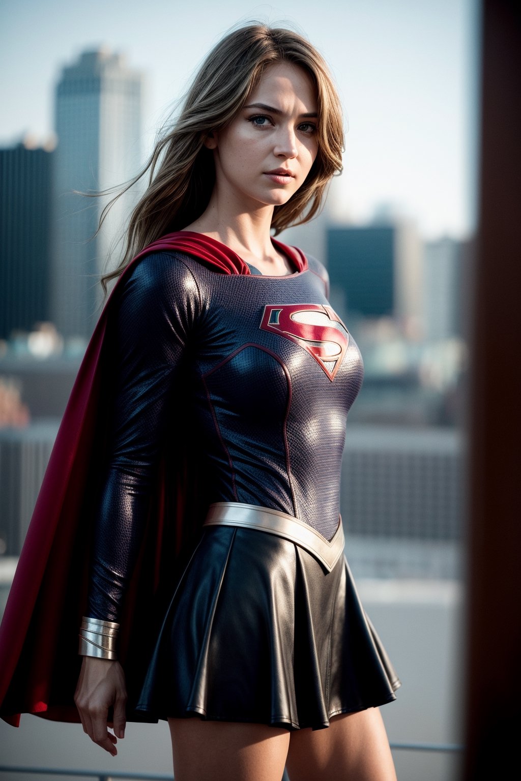 supergirl, costume, hero, skirt, cape red, (RAW Photo, cg unity, photography, ultra realistic details, sharp focus, detailed skin,4k, high-res, masterpiece, best quality:1.1), (realistic, photo-realistic:1.37) (8k,4k, UHD, high resolution, professional, cinematic, movie, dramatic, noise), (detailed background:1.25), bokeh anamorphic depth of field blur background, jennifer laurence