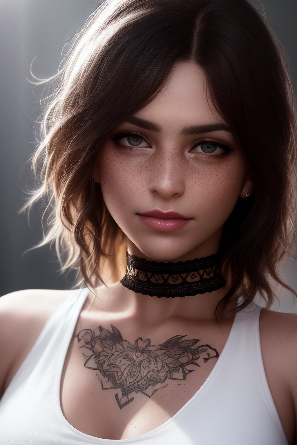 photo, rule of thirds, dramatic lighting, medium hair, detailed face, detailed nose, woman wearing tank top, freckles, collar or choker, smirk, tattoo, intricate background ,realism,realistic,raw,analog,woman,portrait,photorealistic,analog,realism