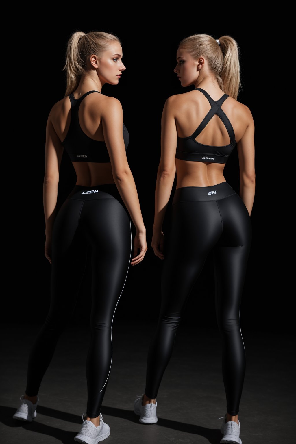 2 russian girls in legging, back lighting, backwards, 2 flashes