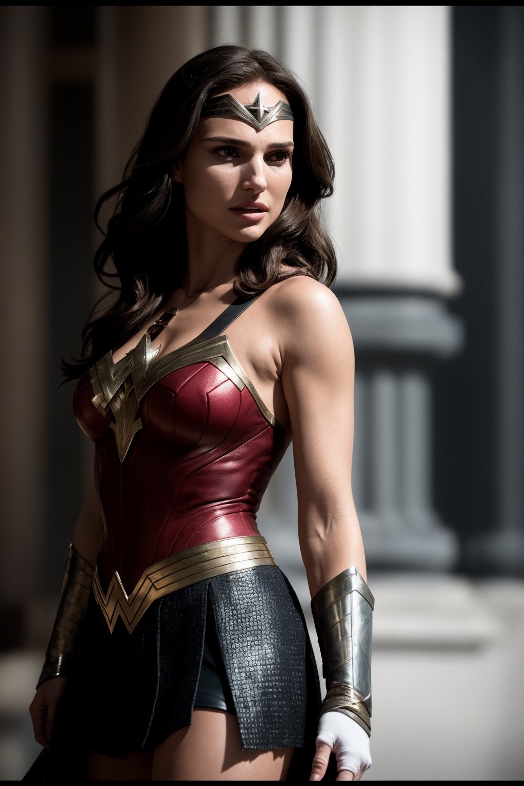 wonderwoman, costume, hero, skirt, sensual, full_body,  (RAW Photo, cg unity, photography, ultra realistic details, sharp focus, detailed skin,4k, high-res, masterpiece, best quality:1.1), (realistic, photo-realistic:1.37) (8k,4k, UHD, high resolution, professional, cinematic, movie, dramatic, noise), (detailed background:1.25), bokeh anamorphic depth of field blur background, natalie portman