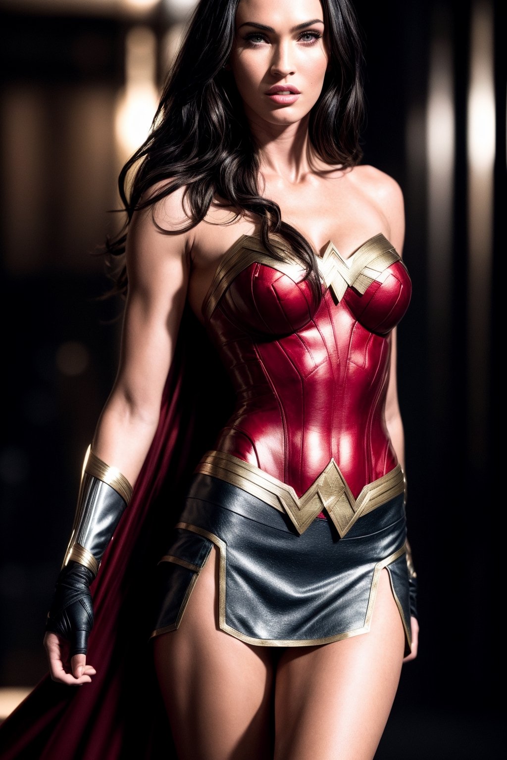 wonderwoman, costume, hero, skirt, cape red, sensual, full_body,  (RAW Photo, cg unity, photography, ultra realistic details, sharp focus, detailed skin,4k, high-res, masterpiece, best quality:1.1), (realistic, photo-realistic:1.37) (8k,4k, UHD, high resolution, professional, cinematic, movie, dramatic, noise), (detailed background:1.25), bokeh anamorphic depth of field blur background, megan fox