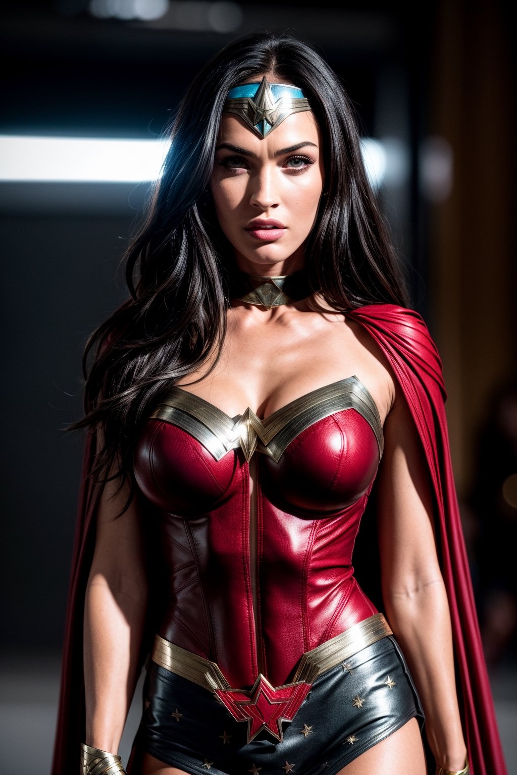 wonderwoman, costume, hero, skirt, cape red, hyper sensual, (RAW Photo, cg unity, photography, ultra realistic details, sharp focus, detailed skin,4k, high-res, masterpiece, best quality:1.1), (realistic, photo-realistic:1.37) (8k,4k, UHD, high resolution, professional, cinematic, movie, dramatic, noise), (detailed background:1.25), bokeh anamorphic depth of field blur background, megan fox