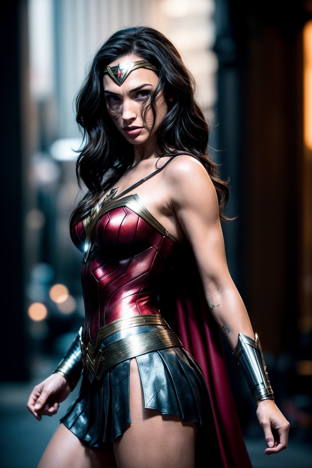 wonderwoman, costume, hero, skirt, cape red, sensual, full_body,  (RAW Photo, cg unity, photography, ultra realistic details, sharp focus, detailed skin,4k, high-res, masterpiece, best quality:1.1), (realistic, photo-realistic:1.37) (8k,4k, UHD, high resolution, professional, cinematic, movie, dramatic, noise), (detailed background:1.25), bokeh anamorphic depth of field blur background, gal gadot, megan fox