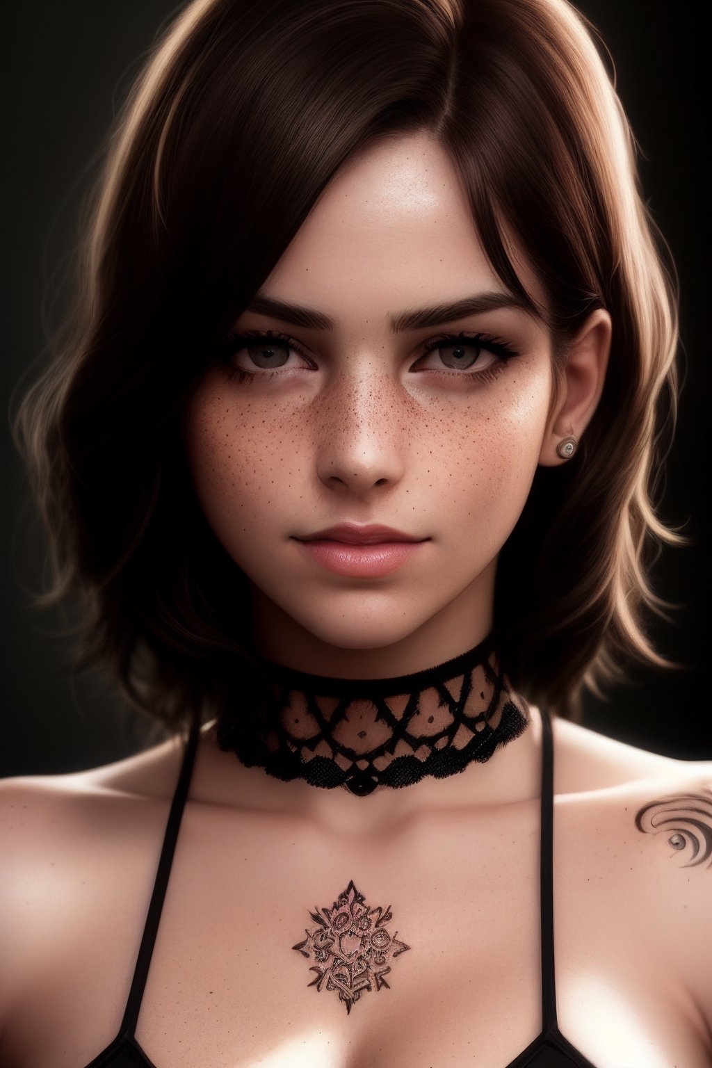 photo, rule of thirds, dramatic lighting, medium hair, detailed face, detailed nose, woman wearing tank top, freckles, collar or choker, smirk, tattoo, intricate background ,realism, realistic, raw, analog, woman, portrait, photorealistic, analog, realism