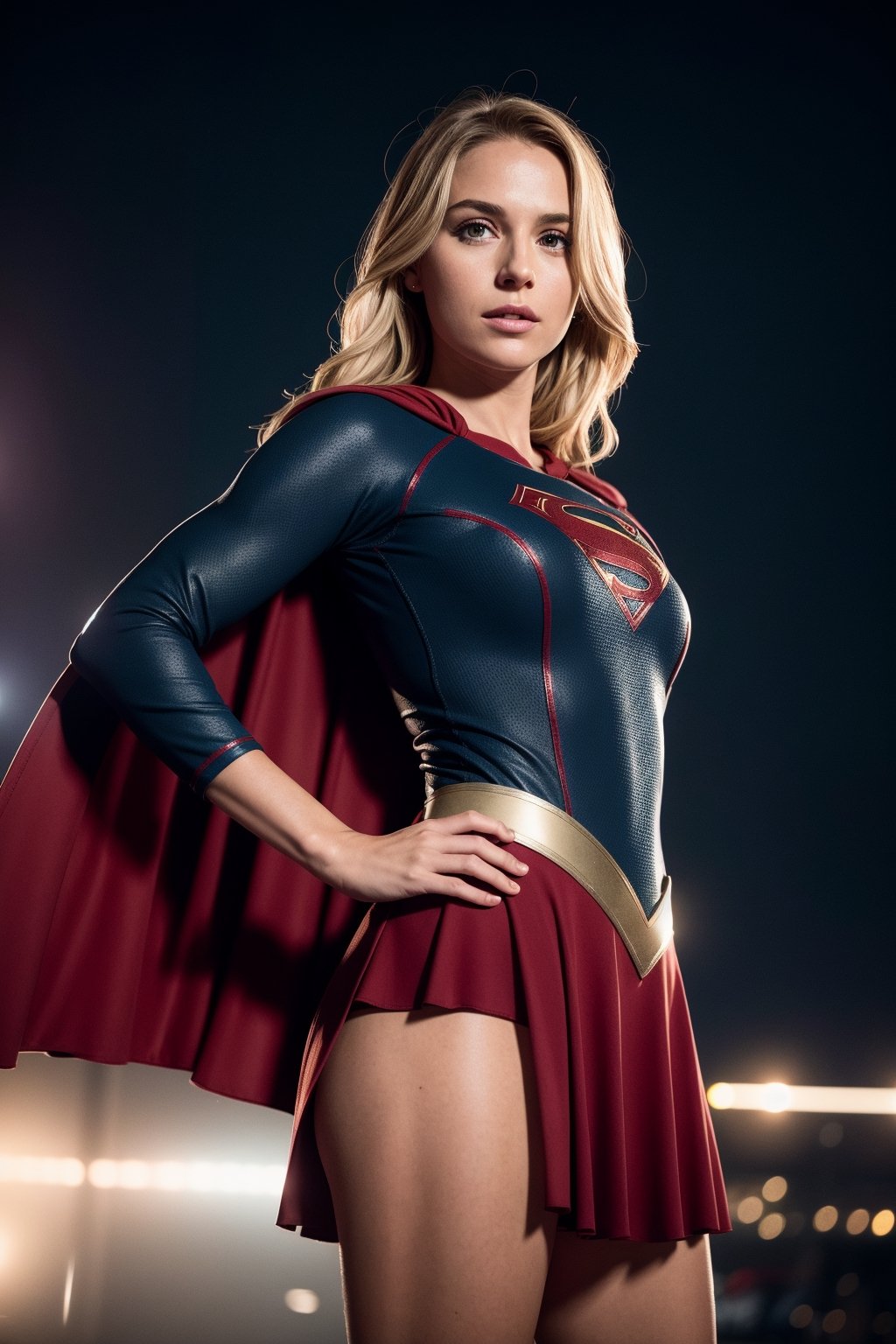 supergirl, costume, hero, skirt, cape red, hair blonde (RAW Photo, cg unity, photography, ultra realistic details, sharp focus, detailed skin,4k, high-res, masterpiece, best quality:1.1), (realistic, photo-realistic:1.37) (8k,4k, UHD, high resolution, professional, cinematic, movie, dramatic, noise), (detailed background:1.25), bokeh anamorphic depth of field blur background