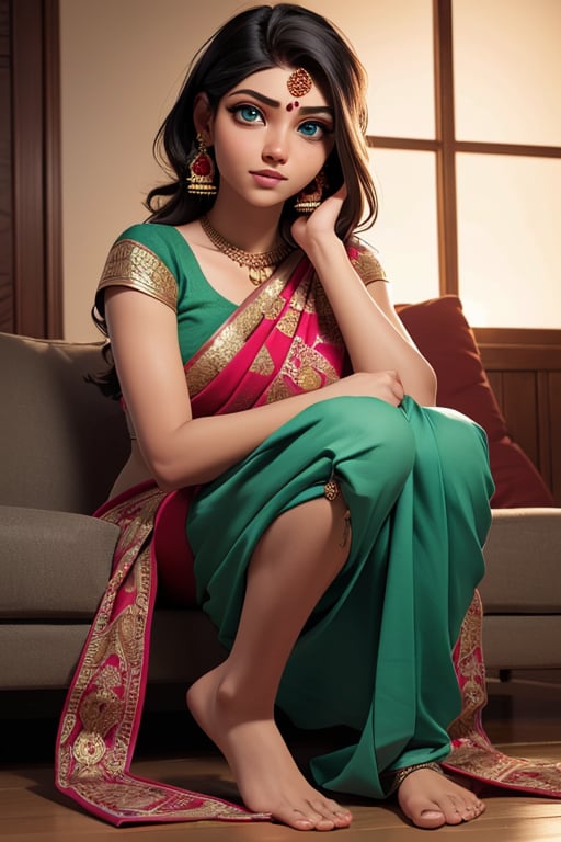 (full body shot:1.3), bokeh:1.2, indoors, (jwellery), ((sitting on sofa)), solo, ((Indian wedding jewellery)), ((wearing Indian traditional saree with jwellers)),  , ,(22 years old light skinned south Indian woman), medium natural breast, flowing hair glamour, (green  eyes, beautiful eyes), beautiful face, perfect illumination, beautiful detailed eyes, looking at viewer, stunningly beautiful woman, detailed hairstyle, realistic_detailed_skin_texture,  good hands,  good feet, (8k, RAW photo, best quality, masterpiece:1.2), (realistic, photo-realistic:1.37), ultra high res, photon mapping, radiosity, physically-based rendering, (ambient light:1.3), (cinematic composition:1.3),professional soft lighting, light on face, 