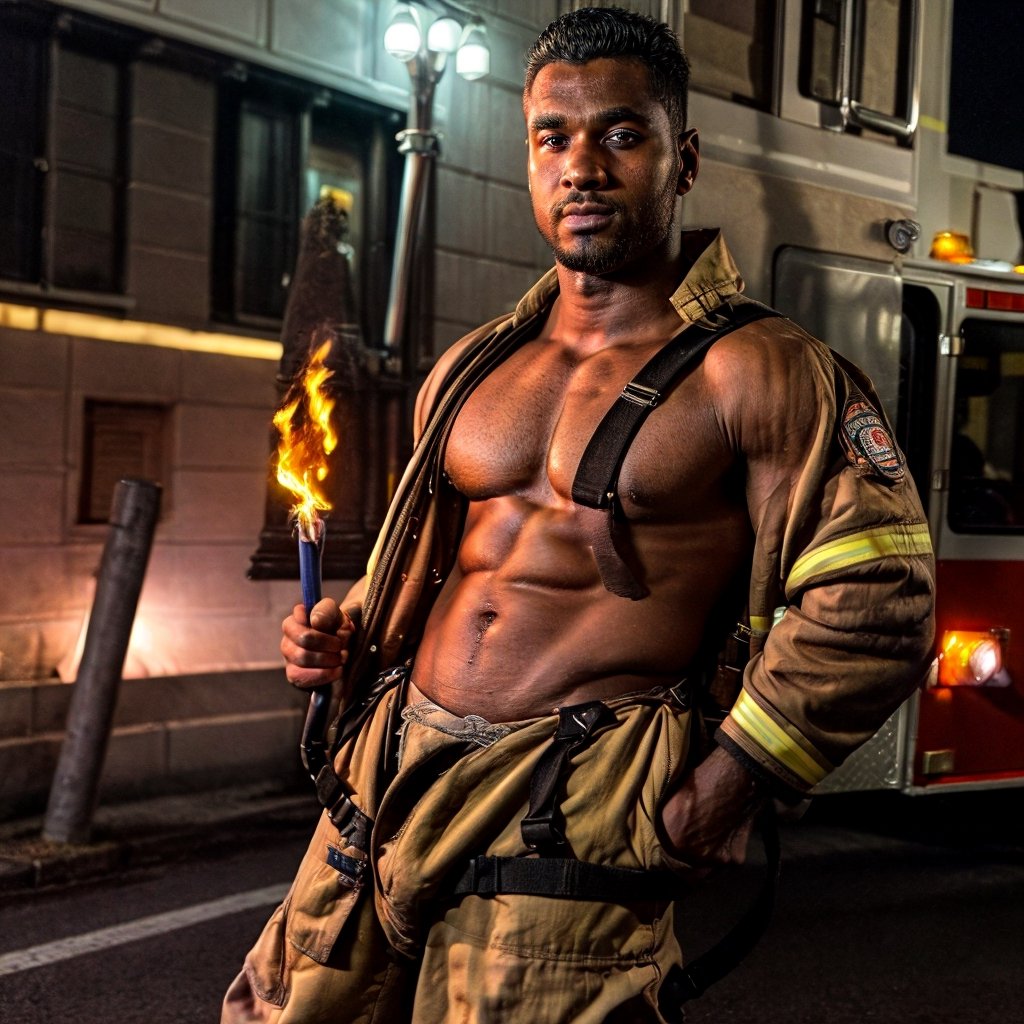 a dark skin handsome young muscular firefighter, on the street at night, buzz cut, topless, crotch bulge, soft lighting, shadows accentuating muscles, handsome face, 4k, highly detailed, masterpiece, Pectoral Focus, firemenoutfit