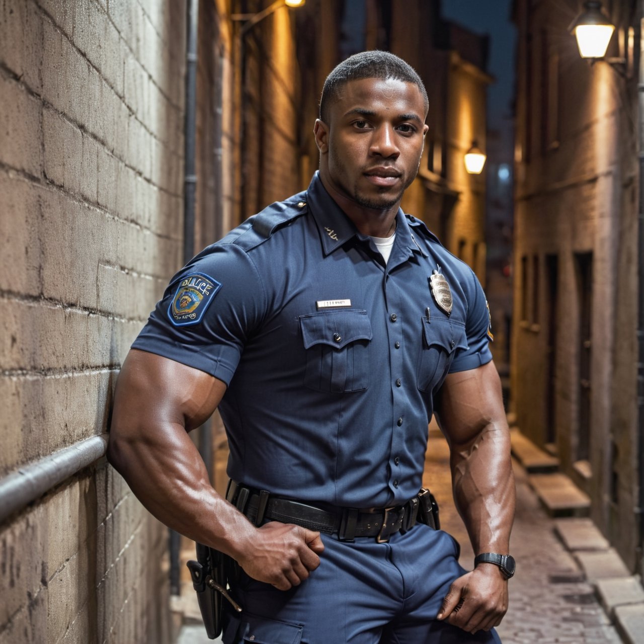 half body portrait shot, a dark skin handsome young muscular police wearing uniform leaning on the wall in the small dark alley, bulging biceps, thick thighs. crotch bulge, on the street at night, (confident pose):1.5, cinematic lighting, shadows accentuating muscles, handsome face, 4k, highly detailed, masterpiece, high contrast, warm color