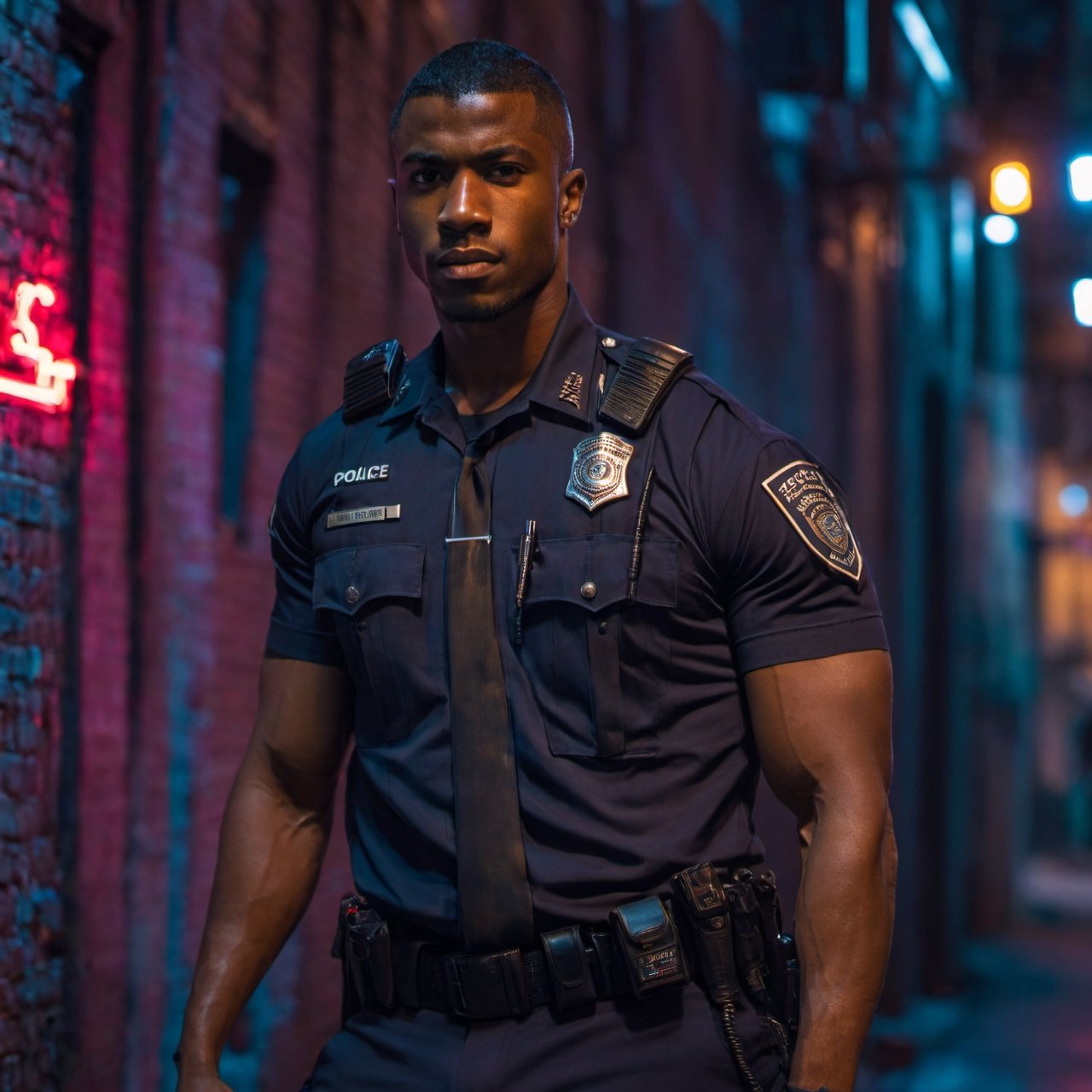 half body portrait shot, a dark skin handsome young muscular police wearing uniform leaning on the wall in the small dark alley in cyberpunk night city, beefy. crotch bulge, on the street at night, (confident pose):1.5, cinematic lighting, shadows accentuating muscles, handsome face, 4k, highly detailed, masterpiece, low contrast, warm color,night city,background