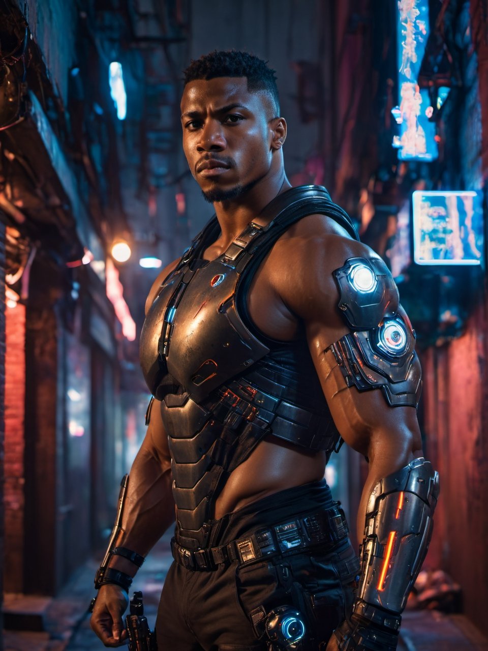 full shot, a dark skin handsome young muscular male with cyborg armors, leaning on the wall in a small dark alley in cyberpunk night city, bulging biceps, at night, (confident pose):1.5, cinematic lighting, handsome face, 4k, highly detailed, masterpiece, low contrast, warm color, night city,cyberpunk style