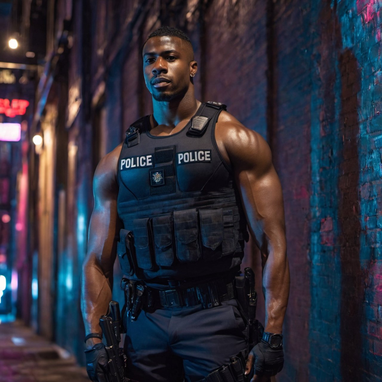 half body portrait shot, a dark skin handsome young muscular police wearing uniform leaning on the wall in the small dark alley in cyberpunk city, bulging biceps, thick thighs. crotch bulge, on the street at night, (confident pose):1.5, cinematic lighting, shadows accentuating muscles, handsome face, 4k, highly detailed, masterpiece, low contrast, warm color,night city