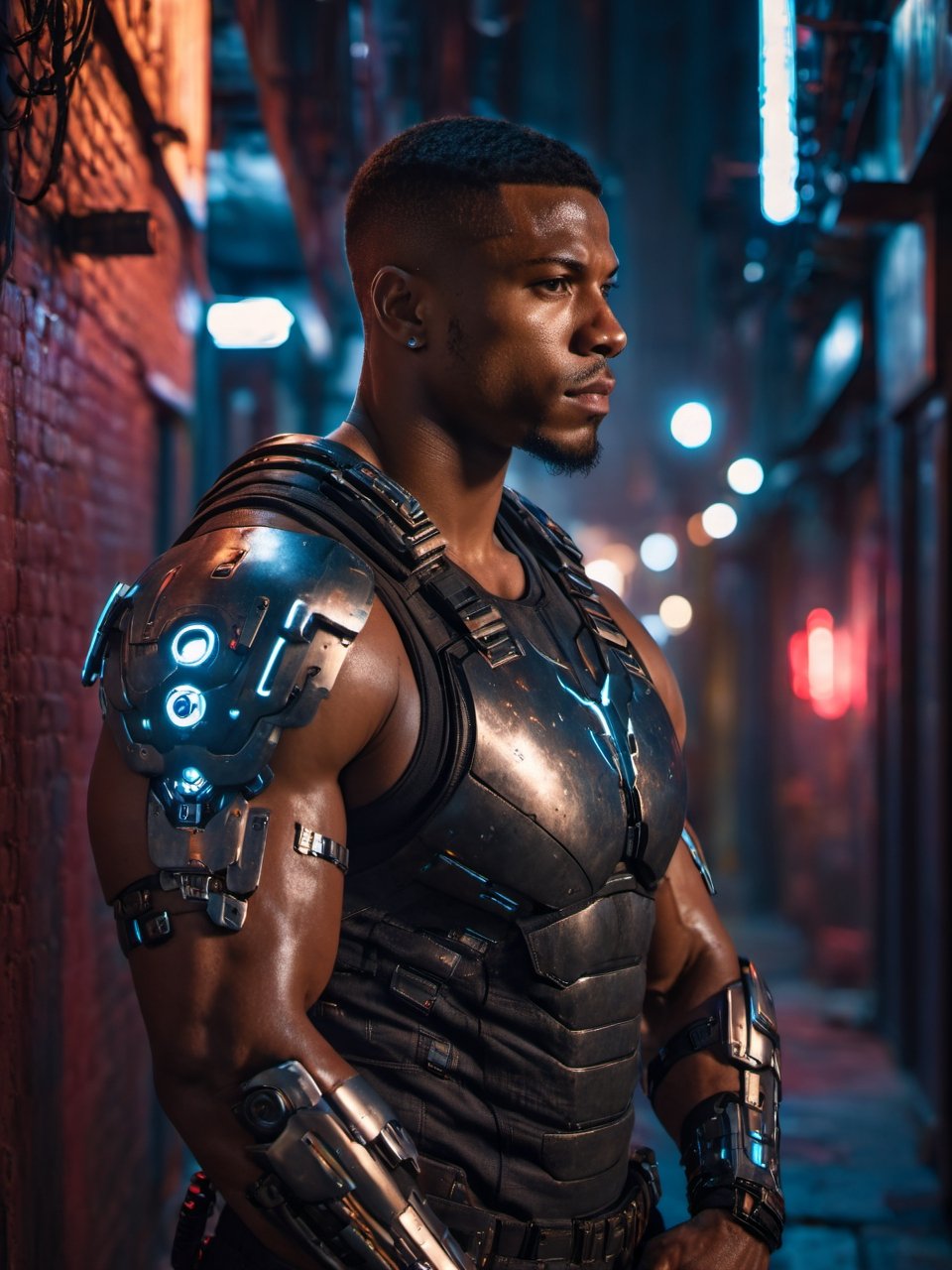 half body portrait shot, a dark skin handsome young muscular male with cyborg armors, leaning on the wall in a small dark alley in cyberpunk night city, bulging biceps, at night, (confident pose):1.5, cinematic lighting, handsome face, 4k, highly detailed, masterpiece, low contrast, warm color, night city,cyberpunk style