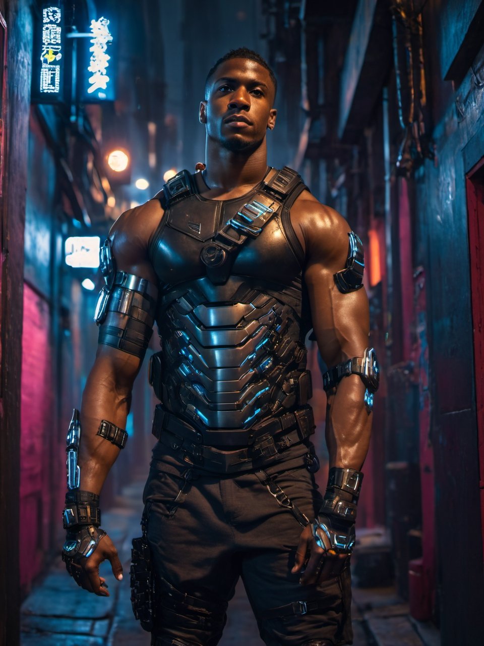 full shot, a dark skin handsome young muscular male with cyborg armors, leaning on the wall in a small dark alley in cyberpunk night city, bulging biceps, at night, (confident pose):1.5, cinematic lighting, handsome face, 4k, highly detailed, masterpiece, low contrast, warm color, night city,cyberpunk style