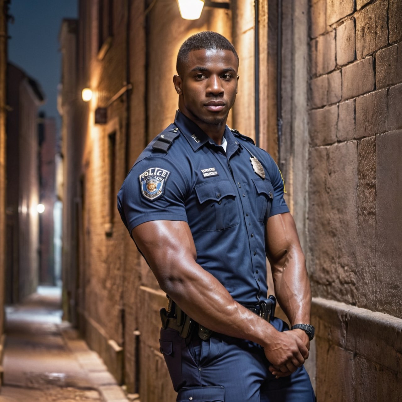 half body portrait shot, a dark skin handsome young muscular police wearing uniform leaning on the wall in the small dark alley, bulging biceps, thick thighs. crotch bulge, on the street at night, (confident pose):1.5, soft lighting, shadows accentuating muscles, handsome face, 4k, highly detailed, masterpiece, high contrast, warm color