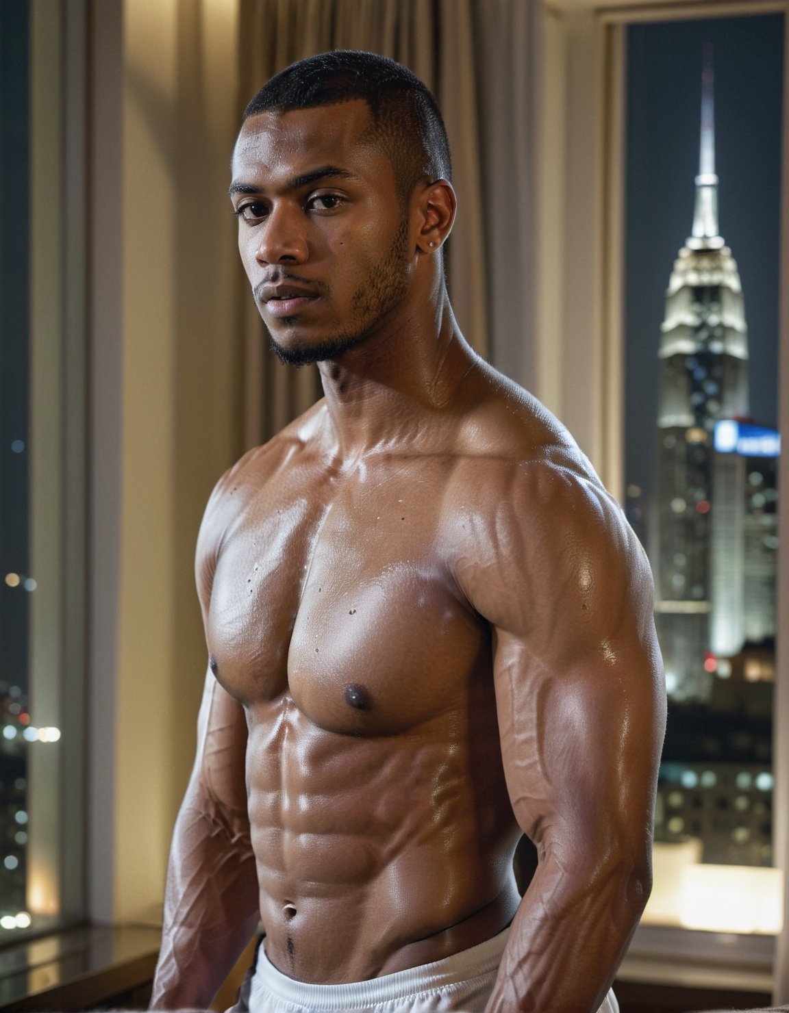 half body portrait shot, a dark skin young athletic handsome man, in a luxury hotel room with a big windowed skyscrapers view, shadows accentuating muscles, buzz cut, perfect eyes, (at night):2, photography, masterpiece, 4k ultra hd, soft lighting, extremely realistic, noise-free realism, sigma 85mm f/1.4, sexy muscular,Extremely Realistic, more saturation 