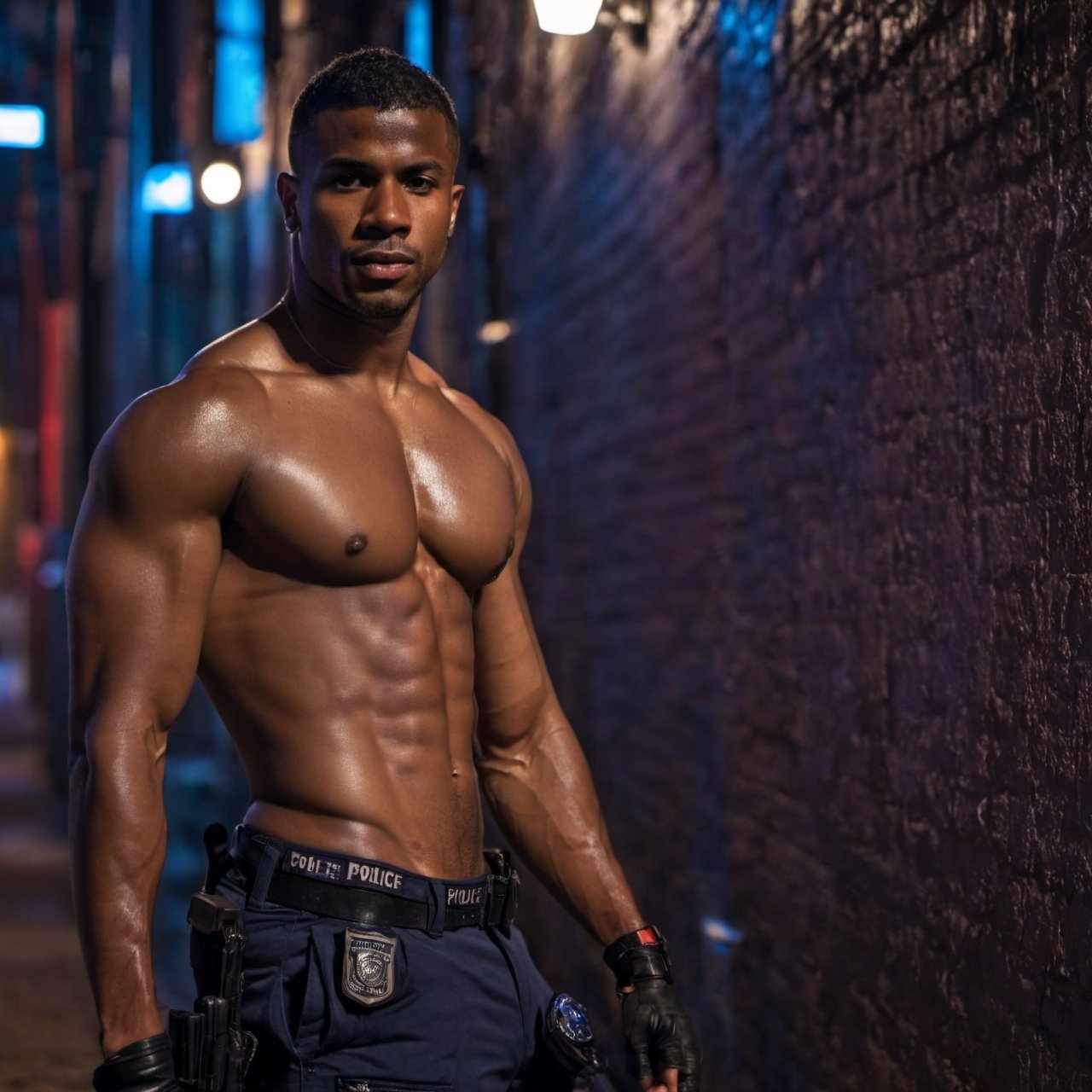 half body portrait shot, a dark skin handsome young muscular man wearing police trousers, topless, leaning on the wall in the small dark alley in cyberpunk night city, beefy. crotch bulge, on the street at night, (confident pose):1.5, cinematic lighting, shadows accentuating muscles, handsome face, 4k, highly detailed, masterpiece, low contrast, warm color,night city,background