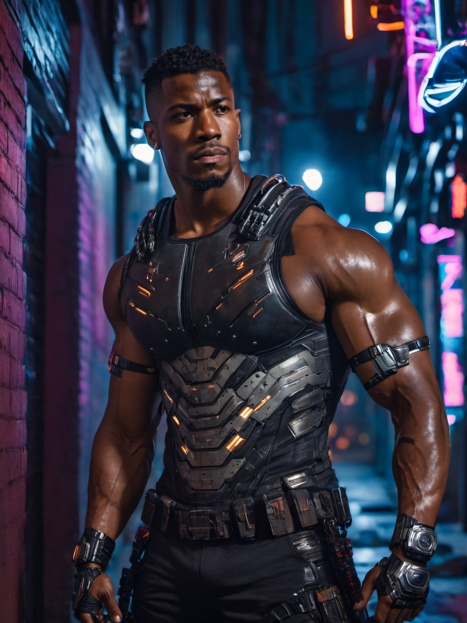 full shot, a dark skin handsome young muscular male with cyborg armors, leaning on the wall in a small dark alley in cyberpunk night city, bulging biceps, at night, (confident pose):1.5, cinematic lighting, handsome face, 4k, highly detailed, masterpiece, low contrast, warm color, night city,cyberpunk style