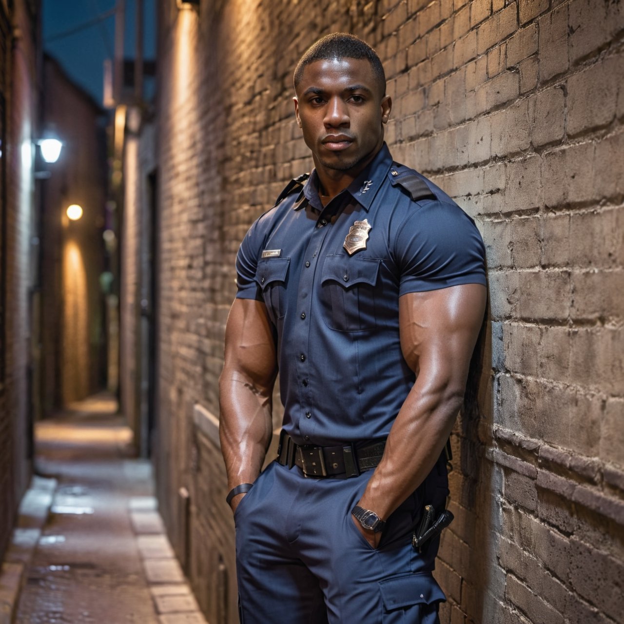 half body portrait shot, a dark skin handsome young muscular police wearing uniform leaning on the wall in the small dark alley, bulging biceps, thick thighs. crotch bulge, on the street at night, (confident pose):1.5, cinematic lighting, shadows accentuating muscles, handsome face, 4k, highly detailed, masterpiece, low contrast, warm color