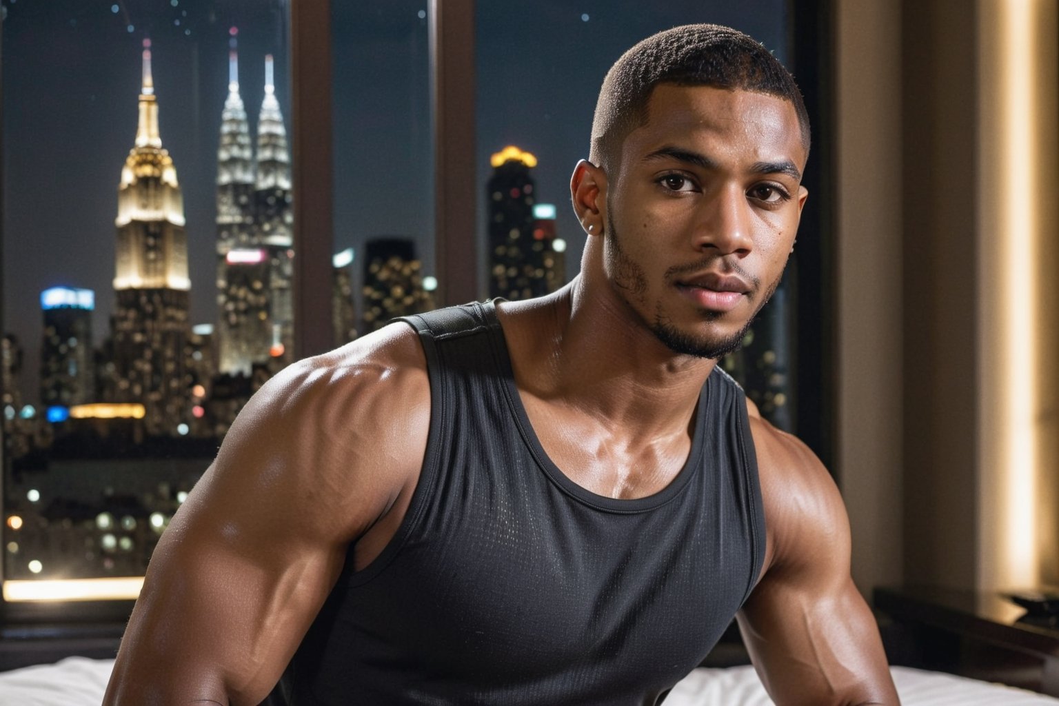 half body portrait shot, an ebony young athletic handsome man, in a luxury hotel room with a big windowed skyscrapers view, shadows accentuating muscles, buzz cut, black tank top, deep light brown eyes, eye_contact, (at night):2, photography, masterpiece, 4k ultra hd, soft lighting, extremely realistic, noise-free realism, sigma 85mm f/1.4