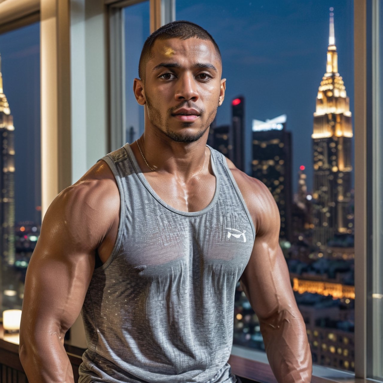 half body portrait shot, a dark skin young athletic handsome man, in a luxury hotel room with a big windowed skyscrapers view, shadows accentuating muscles, buzz cut, tank top, perfect brown eyes, (at night):2, photography, masterpiece, 4k ultra hd, soft lighting, extremely realistic, noise-free realism, sigma 85mm f/1.4, sexy muscular