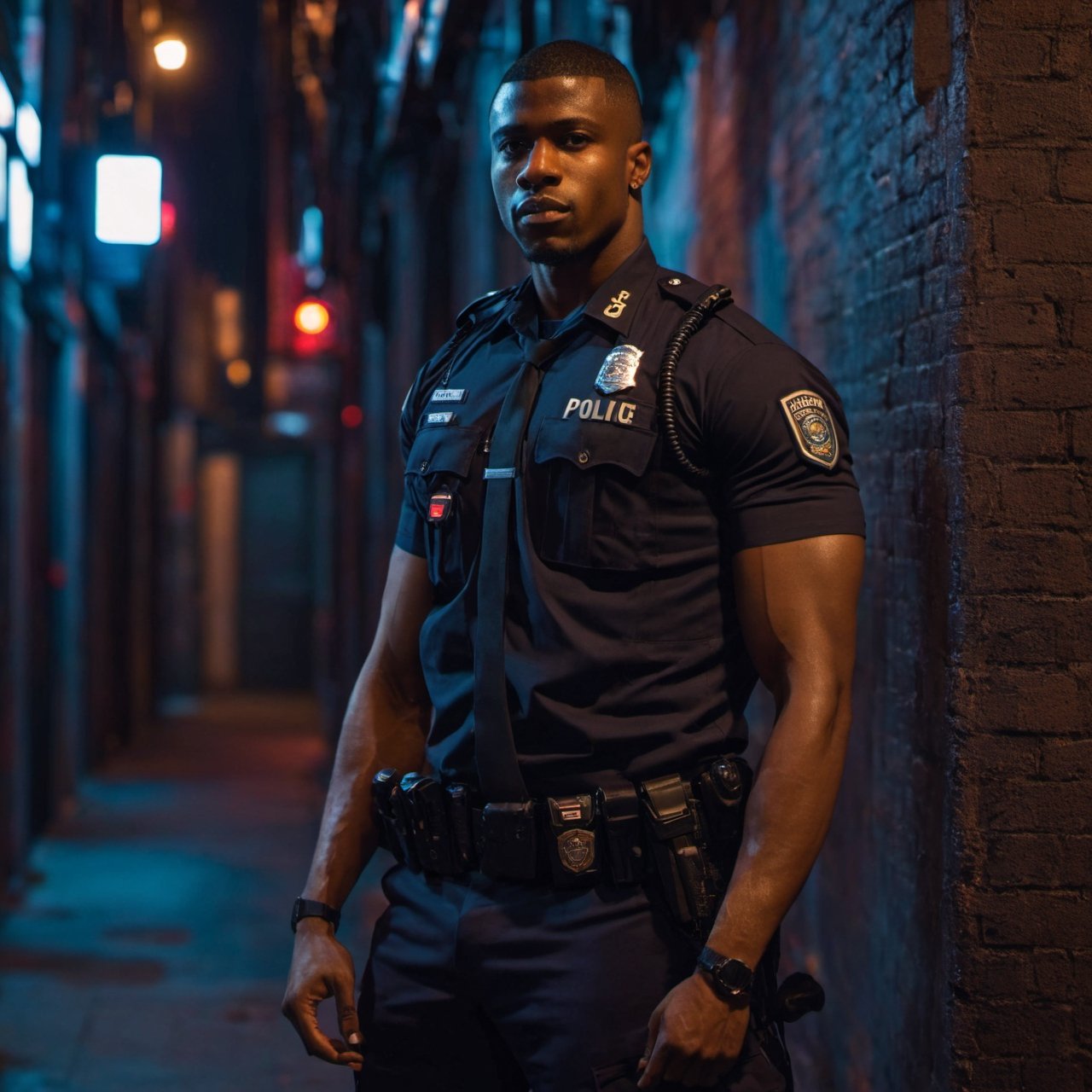 half body portrait shot, a dark skin handsome young muscular police wearing uniform leaning on the wall in the small dark alley in cyberpunk night city, strong. crotch bulge, on the street at night, (confident pose):1.5, cinematic lighting, shadows accentuating muscles, handsome face, 4k, highly detailed, masterpiece, low contrast, warm color,night city,background