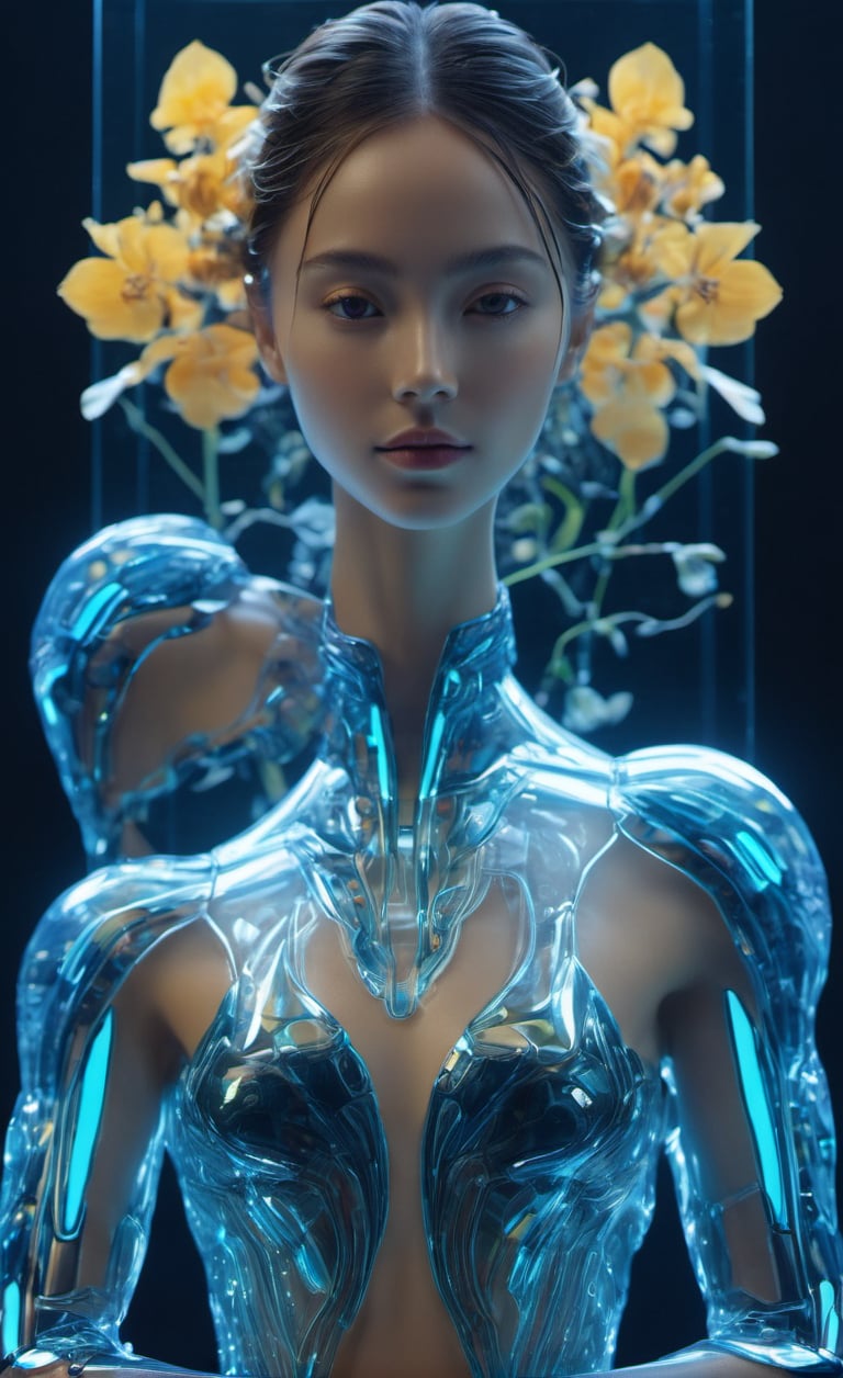 the glass beautiful girl's body, full body,symmetry, nature, subsurface scattering, transparent, translucent skin, glow, bloom, Bioluminescent liquid,3d style,cyborg style,Movie Still,Leonardo Style, cool color, vibrant, volumetric light