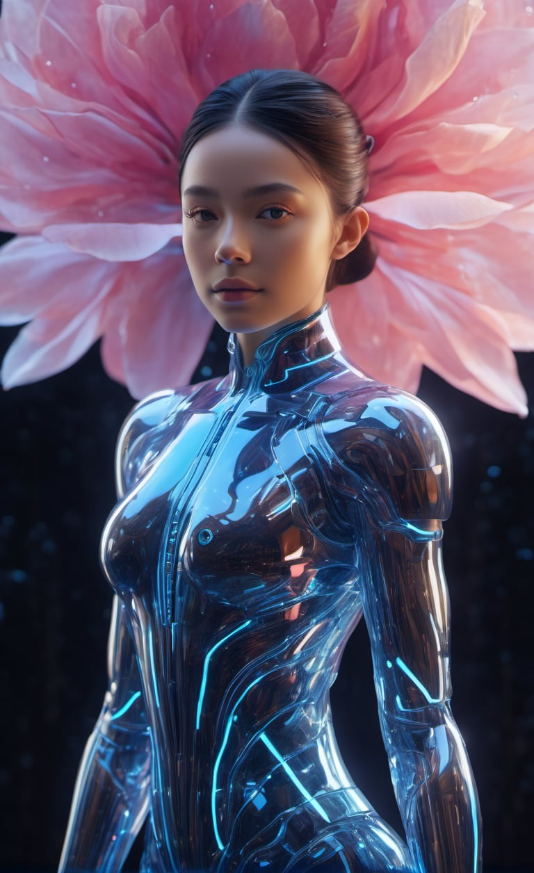 the glass beautiful girl's body, full body,symmetry, nature, subsurface scattering, transparent, translucent skin, glow, bloom, Bioluminescent liquid,3d style,cyborg style,Movie Still,Leonardo Style, cool color, vibrant, volumetric light