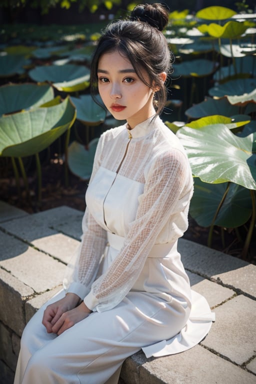 1 girl, solo, giant lotus leaf, black hair, dress, looking at the audience, white dress, hair bun, sitting, single hair bun, leaves, long sleeves, red lips, realistic 