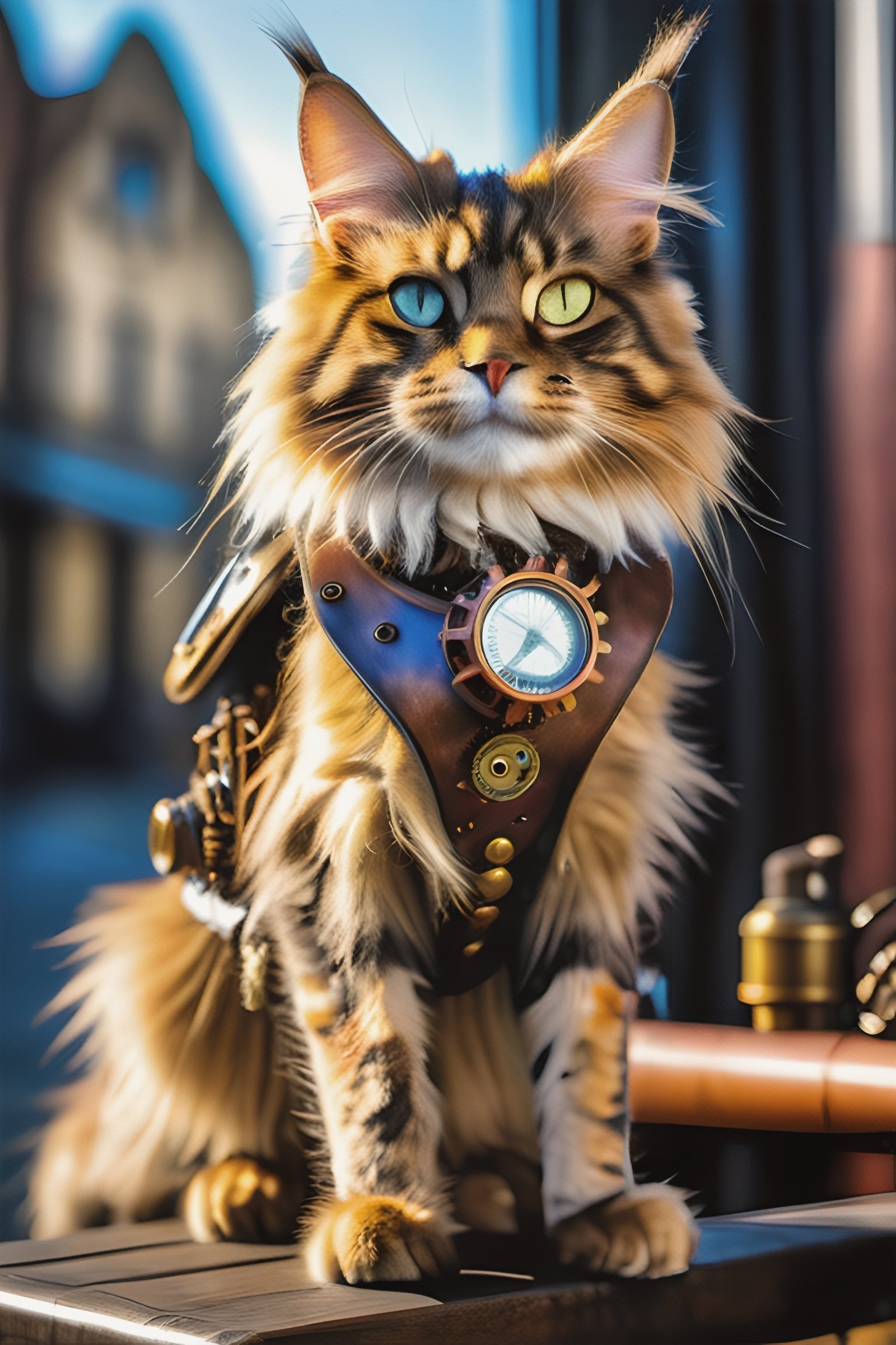 (photo HDR 8K), ((photo realistic)), ((masterpiece)) (Real, masterpiece, highest quality), image of an adult steampunk cyborg mainecoon cat wearing a steampunk gear, beautiful natural fur. full body shot,
(correct sharp photorealistic environment) , (nature lighting), (highly detailed background),steam4rmor,Realism,photo r3al