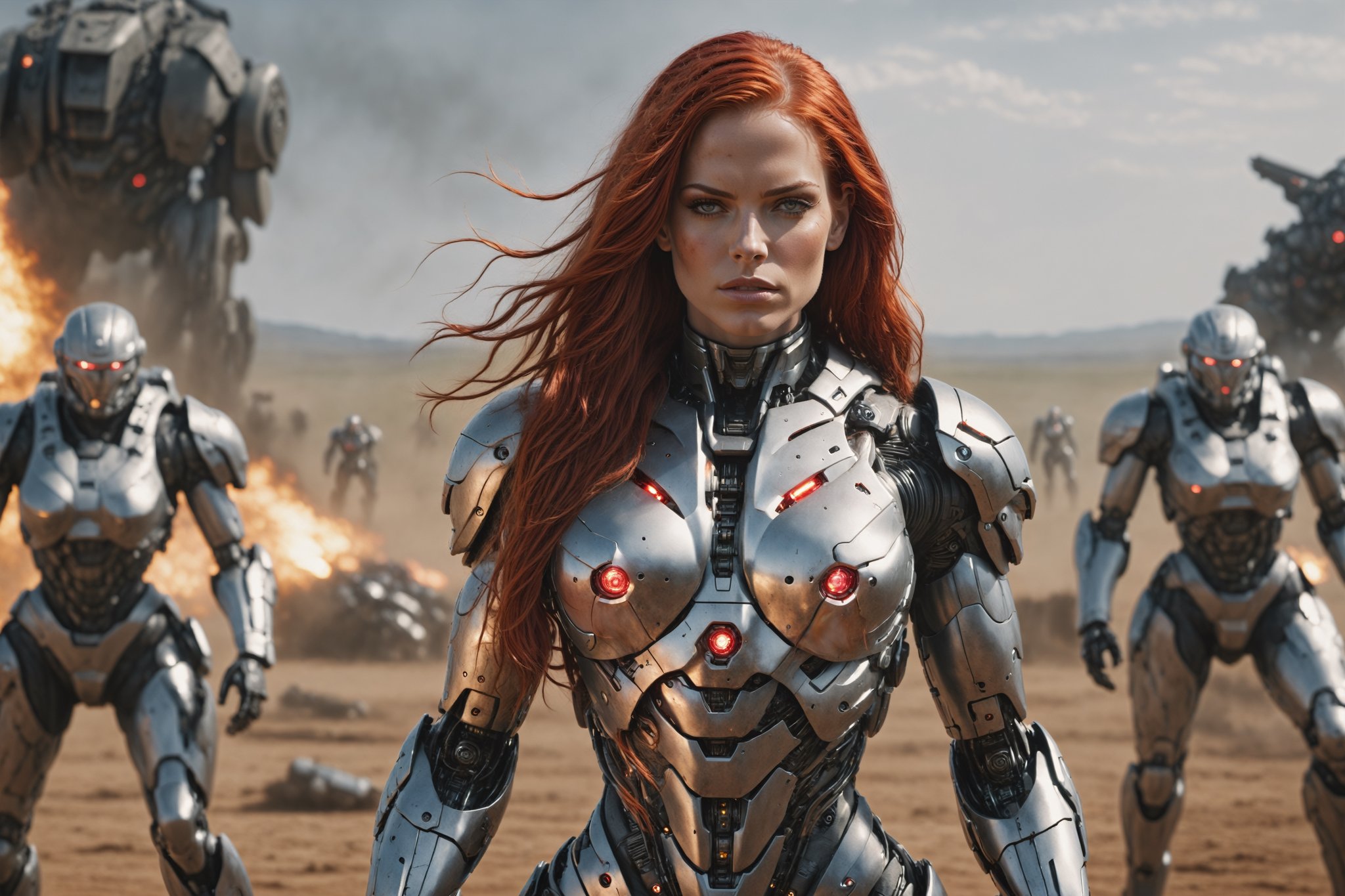 (4k), (masterpiece), (best quality),(extremely intricate), (realistic), (sharp focus), (cinematic lighting), (extremely detailed), (uncensored),

full body shot, wideangle, fierce and beautiful female cyborg standing in the middle of a battlefield. She has long red hair. 