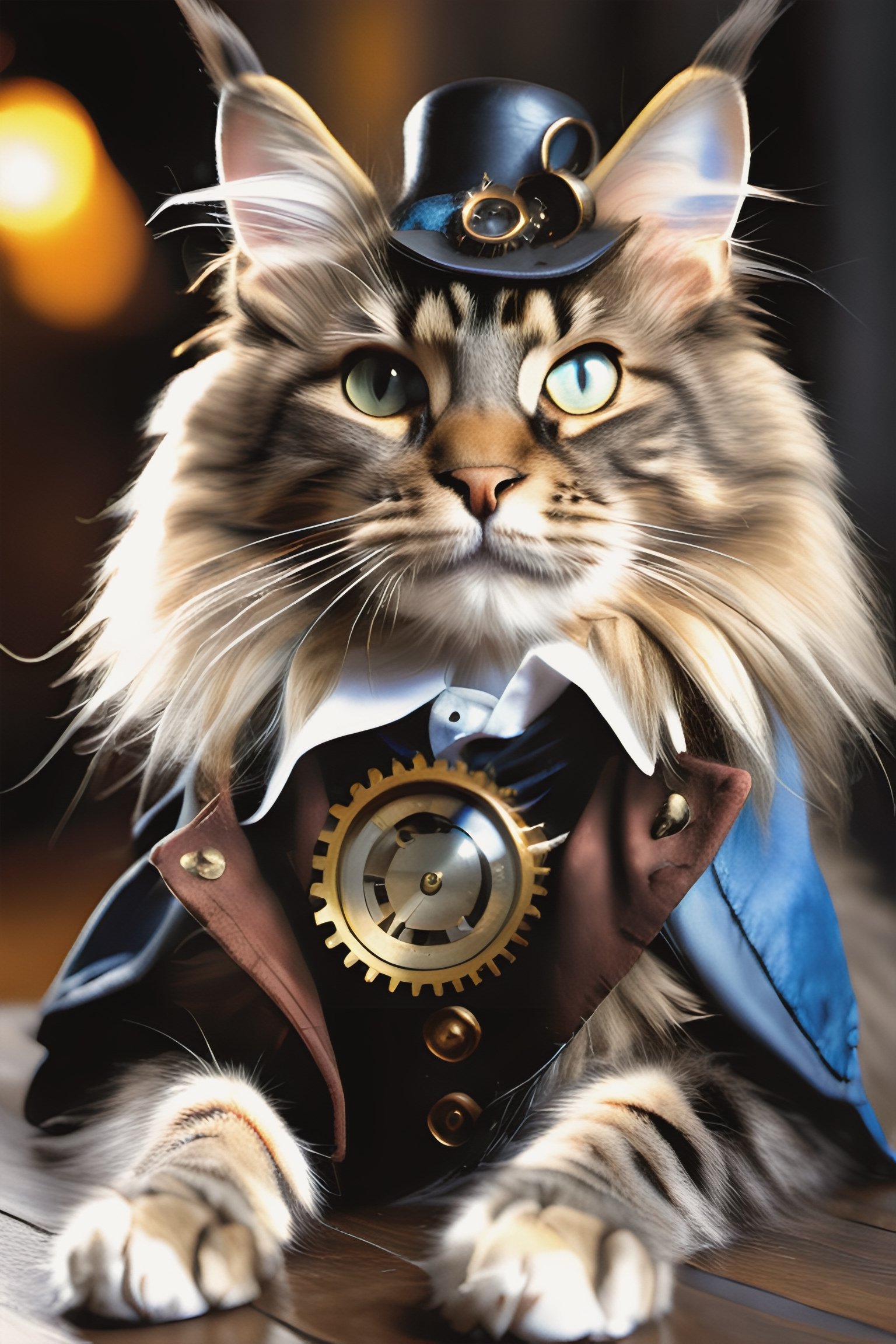 (photo HDR 8K), ((photo realistic)), ((masterpiece)) (Real, masterpiece, highest quality), image of an adult mainecoon cat wearing a steampunk gear, beautiful natural fur. full body shot,
(correct sharp photorealistic environment) , (nature lighting), (highly detailed background),steam4rmor,Realism,photo r3al