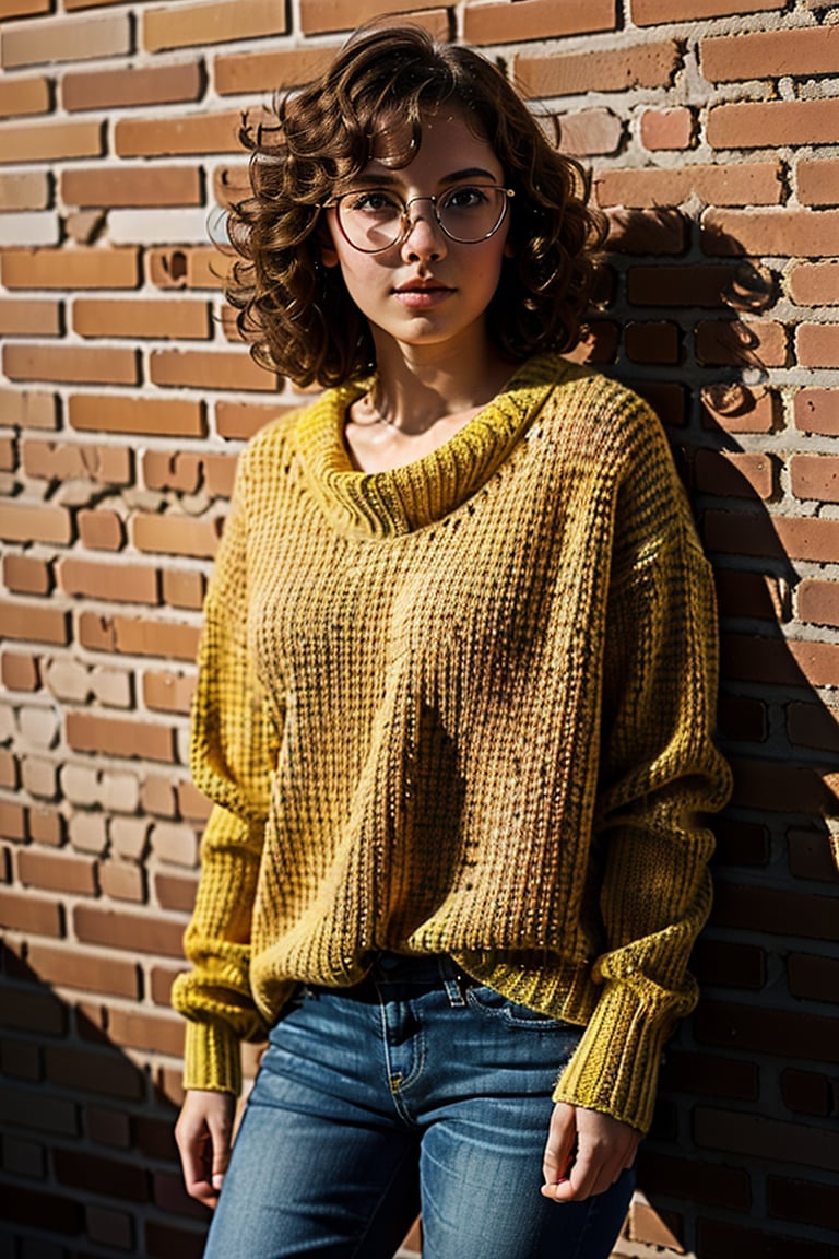 A girl(fashion glasses,15 years old, light_blone_hair,short_curly_hair,oval face, broad forehead,smart eyebrow,((round blue eyes)),beautiful nose ,((rosy cheeks )),(bright skin tone ),sexy lips,big_boobs,(((perfect anatomy)),wearing yellow sweater,wearing short jeans, look at straight),full-body_portrait,((wall of old bricks in background)), ghostly scenes, detailed background),high_resolution, (masterpiece), cinematic photo raw photo 4k gopro4 shot, ultra detailed, realistic, photo realistic, professional photo shooting